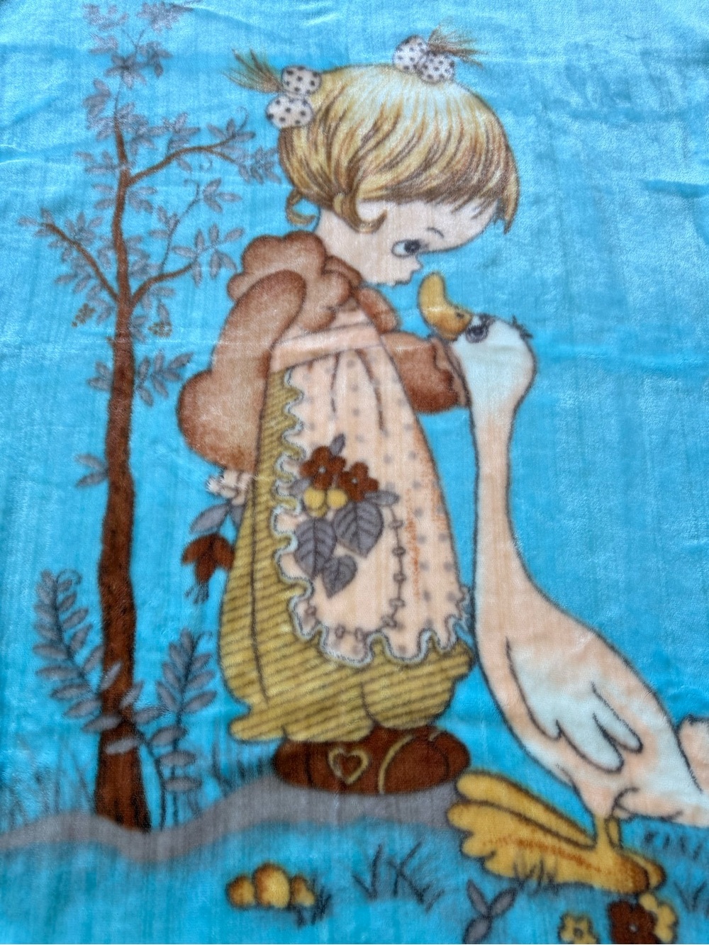 Vintage Precious Moments Girl and Goose Blue Plush Baby Blanket - Picture 2 of 3